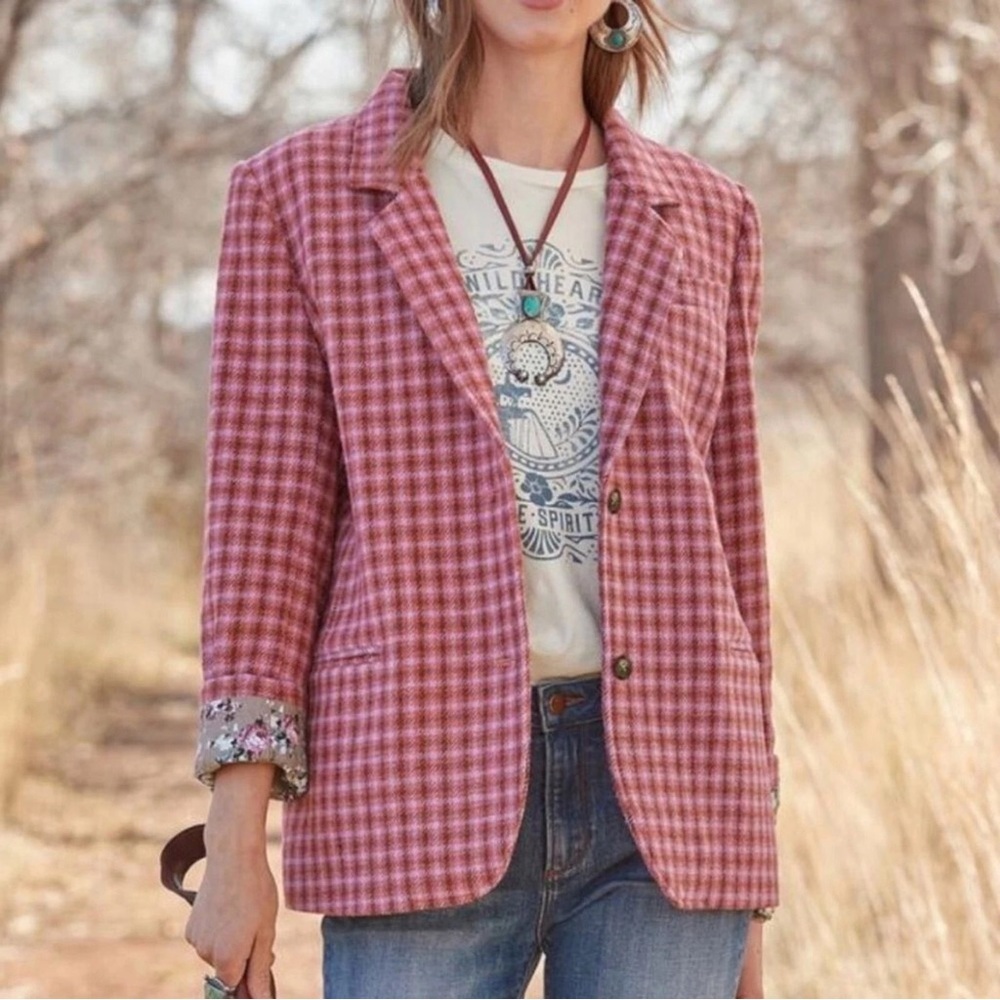 Sundance The Lisa Pink Plaid Wool-Blend Blazer